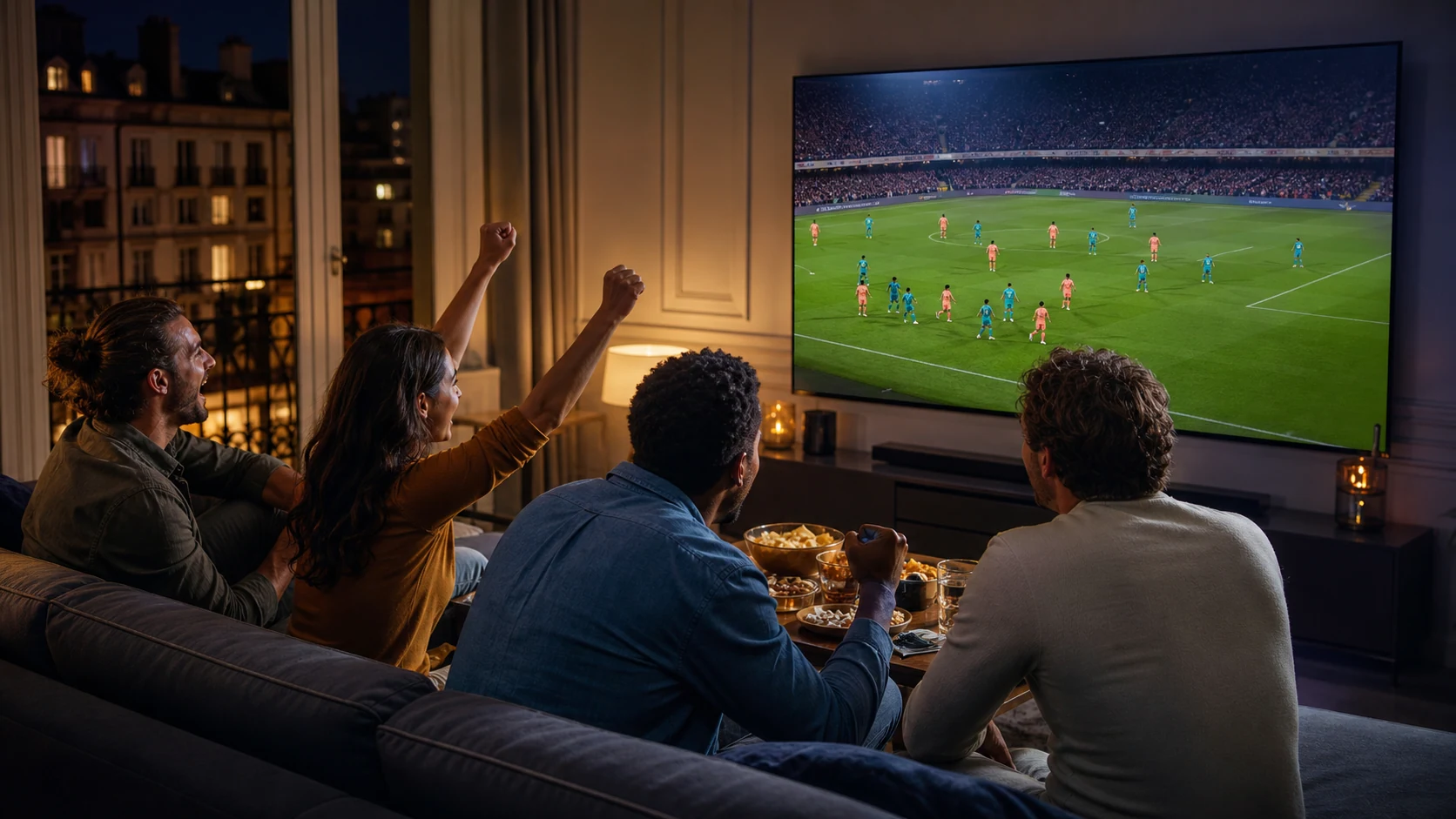 Des amis profitent d’un match de football sur grand écran dans un appartement français